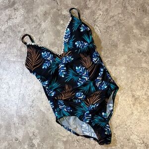 Merona Navy Blue One-Piece Swimsuit with Blue & Brown Leaf Print Medium